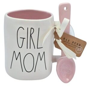 Rae Dunn Girl Mom Embossed Ceramic Coffee Mug With Spoon 16oz White And Pink